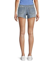 Prosperity Denim Mid Rise Flower Embroidered Frayed Hem Denim Shorts