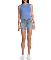 Prosperity Denim Mid Rise Flower Embroidered Frayed Hem Denim Shorts