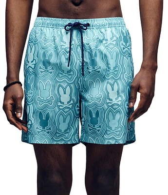 Psycho Bunny Chuck Allover Bunny Pattern 5 3/4#double; Inseam Swim Trunks