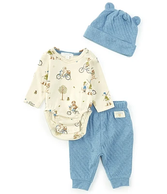 Purebaby Baby Boys Newborn-12 Monhts Long Sleeve Down River Printed Bodysuit, Solid Jogger Pants & Bear Ear Hat Set