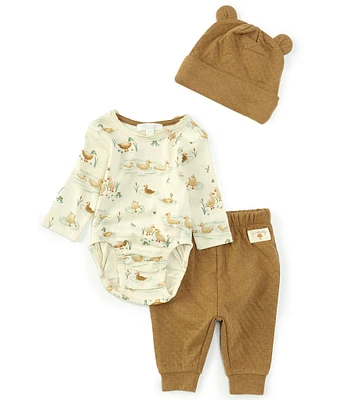 Purebaby Baby Boys Newborn-12 Months Long Sleeve Duck-Printed Bodysuit, Solid Jogger Pants & Bear Ear Hat Set