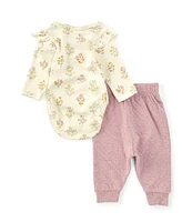 Purebaby Baby Girls Newborn-12 Months Long-Sleeve Floral-Printed Bodysuit, Solid Jogger Pants & Bear Ear Hat Set