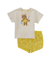 Purebaby Baby Girls Newborn-24 Months Organic Cotton Fluffy Cat T-Shirt & Floral Short Sunshine Set