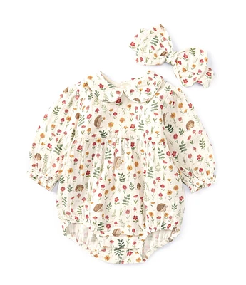 Purebaby Baby Girls Newborn-24 Months Long-Sleeve Hedgehog-Printed Crinkle Bodysuit