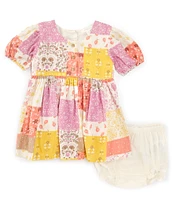 Purebaby Baby Girls Newborn-24 Months Puffed-Sleeve Patchwork Fit-And-Flare Dress