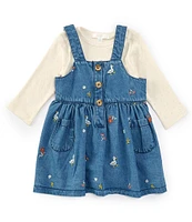 Purebaby® Baby Girls Newborn-24 Months Sleeveless Duck/Flower-Embroidered Denim Jumper Dress & Solid Knit Bodysuit Set