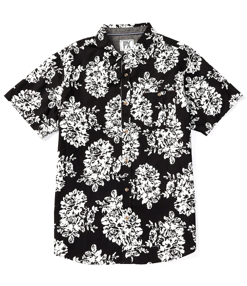 PX Clothing Short Sleeve Allover Printed Peached Poplin Patch Pocket Shirt