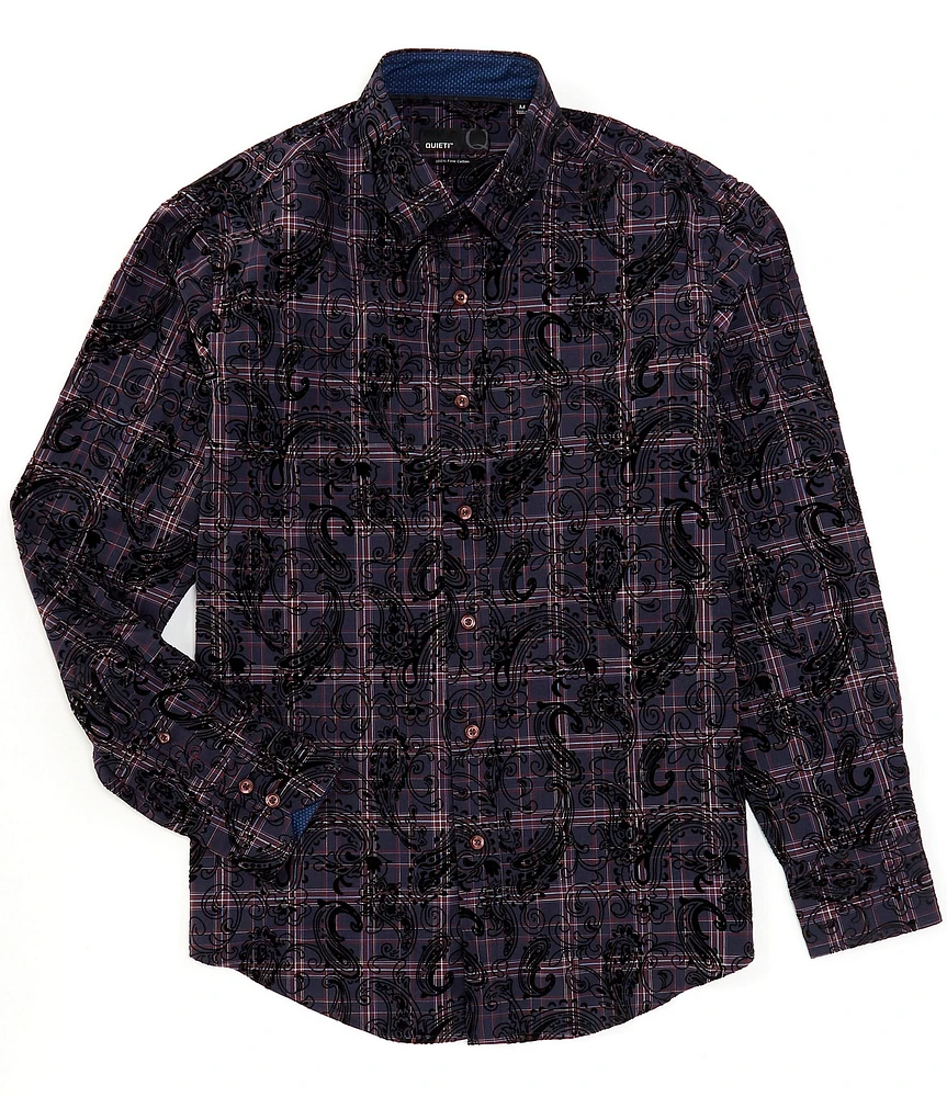 Quieti Paisley Flock Print Long Sleeve Woven Shirt