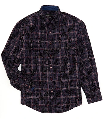 Quieti Paisley Flock Print Long Sleeve Woven Shirt