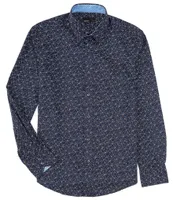 Quieti Performance Stretch Geo Print Navy Long Sleeve Woven Shirt