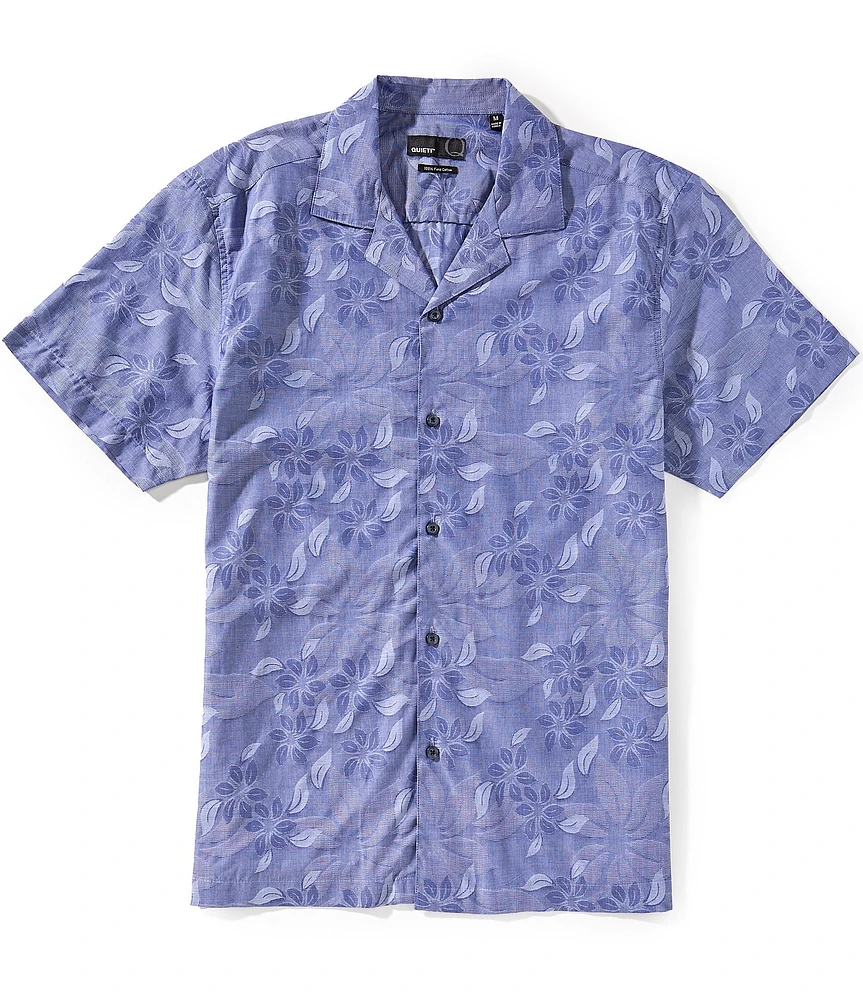 Quieti Tonal Leaf Print Short Sleeve Woven Camp Shirt