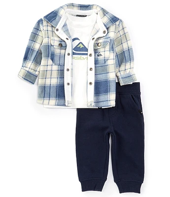 Quiksilver Baby Boys 12-24 Months Plaid Polar Fleece Shacket With T-Shirt & Jogger 3- Piece Set