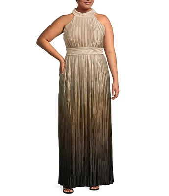 R & M Plus Size Richards Sleeveless Halter Neck Pleated Ombre Dress