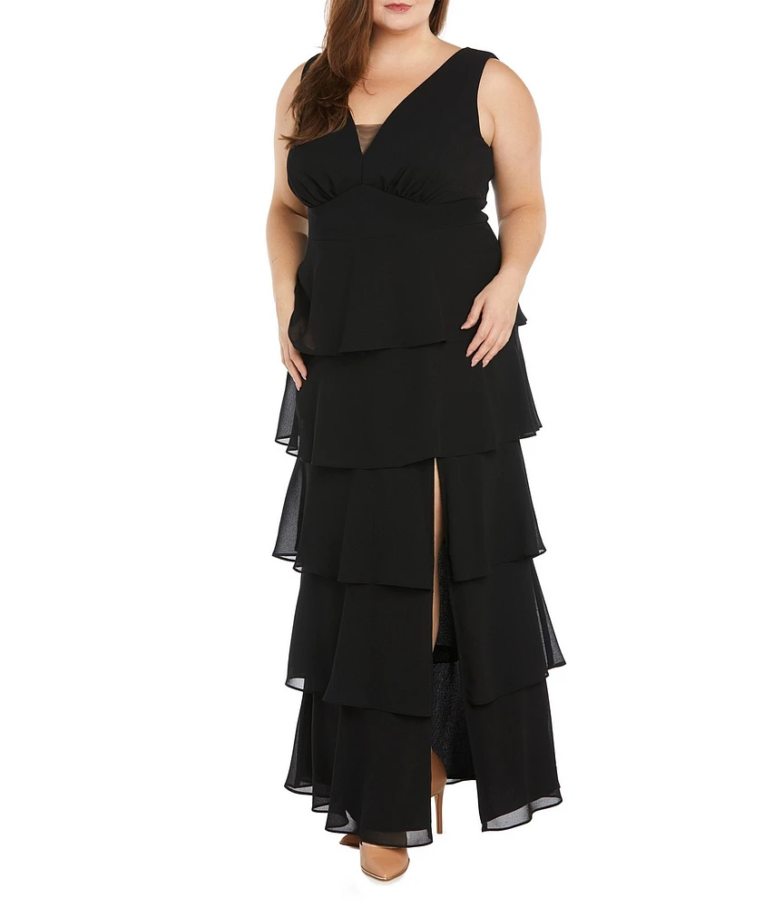 R & M Plus Size Richards Sleeveless V-Neck Tired Skirt Front Slit Dress