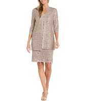 R & M Richards 2-Piece Scalloped Glitter Lace Beaded V-Neck Jacket Dress