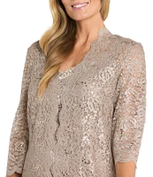 R & M Richards 2-Piece Scalloped Glitter Lace Beaded V-Neck Jacket Dress