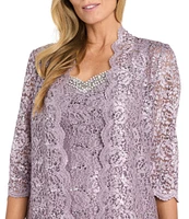 R & M Richards 2-Piece Scalloped Glitter Lace Beaded V-Neck Jacket Dress