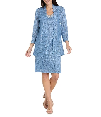 R & M Richards 2-Piece Scalloped Glitter Lace Beaded V-Neck Jacket Dress