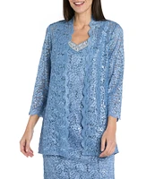 R & M Richards 2-Piece Scalloped Glitter Lace Beaded V-Neck Jacket Dress