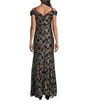 R & M Richards 2-Tone Glitter Lace Sweetheart Neck Cold Shoulder Cap Sleeve Gown