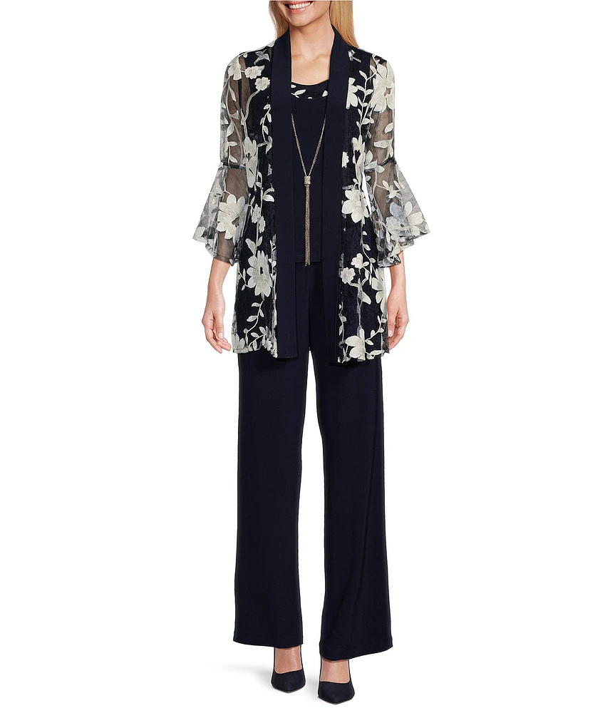 R & M Richards 3/4 Bell Sleeve Crew Neck Embroidered Sequin Lace 3-Piece Pant Set