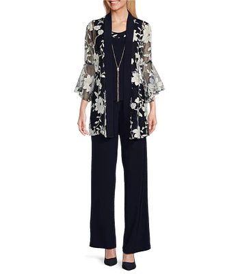 R & M Richards 3/4 Bell Sleeve Crew Neck Embroidered Sequin Lace 3-Piece Pant Set