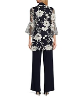 R & M Richards 3/4 Bell Sleeve Crew Neck Embroidered Sequin Lace 3-Piece Pant Set