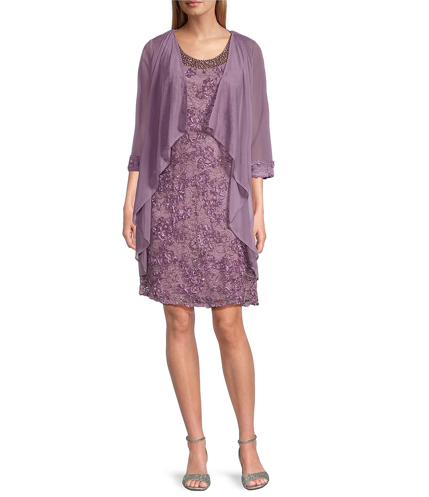 R & M Richards 3/4 Sleeve Beaded Crew Neck Lace 2-Piece Jacket Dress