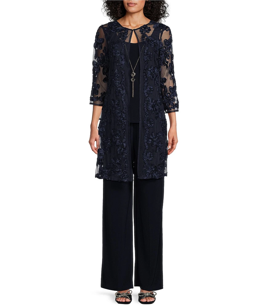 R & M Richards 3/4 Sleeve Crew Neck Embroidered Soutache 3-Piece Pant Set