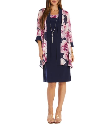 R & M Richards 3/4 Sleeve Crew Neck Floral Print 2-Piece Jacket Dress