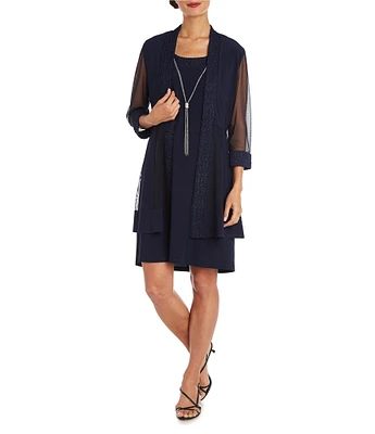 R & M Richards 3/4 Sleeve Crew Neck Glitter Trim Sheath 2-Piece Jacket Dress