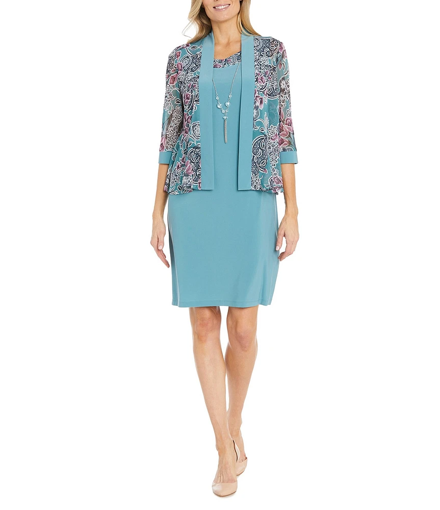 R & M Richards 3/4 Sleeve Crew Neck Floral Detail 2-Piece 3/4 Sleeve Jacket Dress