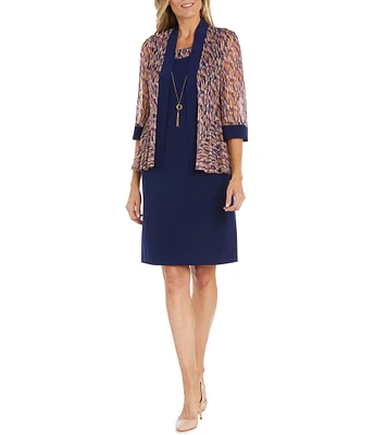 R & M Richards 3/4 Sleeve Crew Neck Printed 2-Piece Printed Jacket Dress