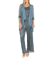 R & M Richards 3/4 Sleeve Crinkle Chiffon 3-Piece Pant Set