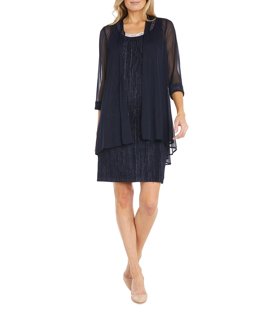 R & M Richards 3/4 Sleeve Embellished Crew Neck Pleated 2-Piece Jacket Dress