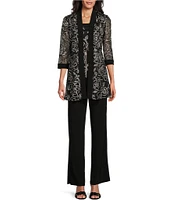 R & M Richards 3/4 Sleeve Embroidered Ribbon Soutache 2-Piece Pant Set