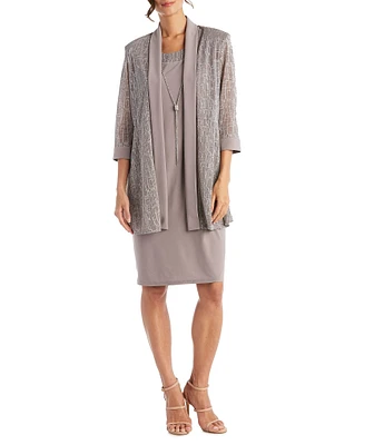 R & M Richards 3/4 Sleeve Metallic Jacquard Knit 2-Piece Jacket Dress