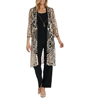 R & M Richards 3/4 Sleeve Round Neck Embellished Sequin Duster Jacket 3-Piece Pant Set