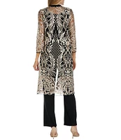 R & M Richards 3/4 Sleeve Round Neck Embellished Sequin Duster Jacket 3-Piece Pant Set