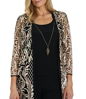 R & M Richards 3/4 Sleeve Round Neck Embellished Sequin Duster Jacket 3-Piece Pant Set