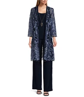 R & M Richards 3/4 Sleeve Round Neck Embellished Sequin Duster Jacket 3-Piece Pant Set