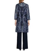 R & M Richards 3/4 Sleeve Round Neck Embellished Sequin Duster Jacket 3-Piece Pant Set