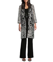 R & M Richards 3/4 Sleeve Round Neck Embellished Sequin Duster Jacket 3-Piece Pant Set