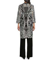 R & M Richards 3/4 Sleeve Round Neck Embellished Sequin Duster Jacket 3-Piece Pant Set