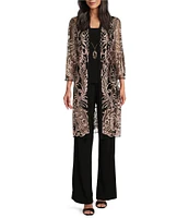 R & M Richards 3/4 Sleeve Round Neck Embellished Sequin Duster Jacket 3-Piece Pant Set