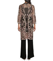 R & M Richards 3/4 Sleeve Round Neck Embellished Sequin Duster Jacket 3-Piece Pant Set