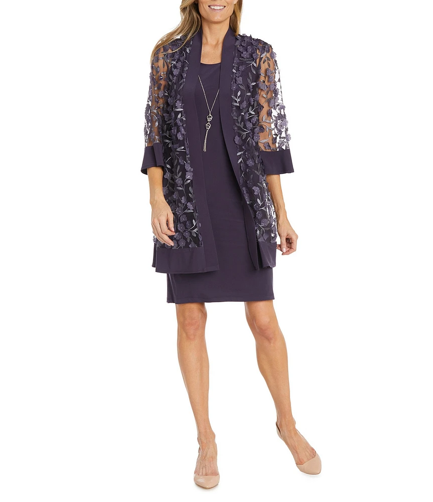 R & M Richards 3/4 Sleeve Scoop Neck Embroidered Flower Mesh 2-Piece Jacket Dress