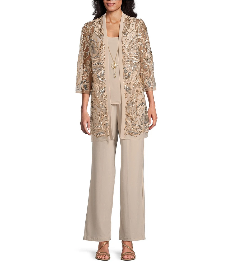 R & M Richards 3/4 Sleeve Scoop Neck Embroidered Sequin Jacket 3-Piece Pant Set