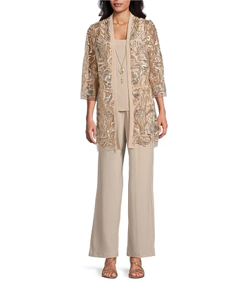 R & M Richards 3/4 Sleeve Scoop Neck Embroidered Sequin Jacket 3-Piece Pant Set