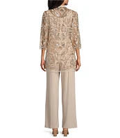R & M Richards 3/4 Sleeve Scoop Neck Embroidered Sequin Jacket 3-Piece Pant Set